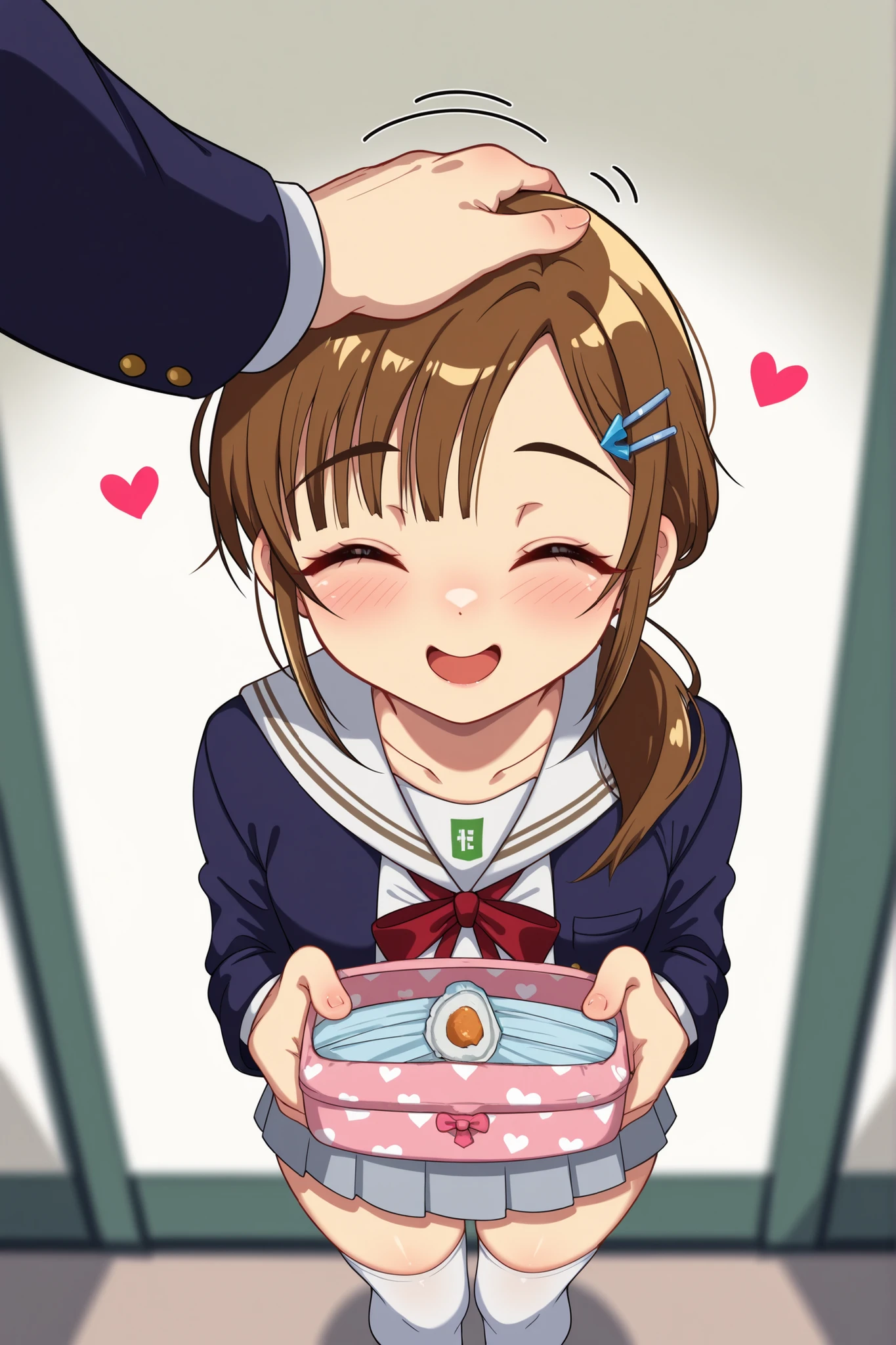 a high-quality digital drawing, clean and sharp details, anatomically correct, ((vibrant colors)), 1girl, ((cinematic lighting)), (masterpiece), (8k quality), (top rated on pixiv), (cutiepie), sfw, (moe), (open mouth),

break,
((short round face)), naturally curved eyelashes, small and subtly defined nose, (slim build), (fair skin),

break,
((long brown hair)), (low ponytail), (natural waves), smooth bangs, (blue hairpin),

break,
((outfit: japanese middle school winter uniform)), ((gray pleated skirt)), (white thigh-high socks), ((chest 24 inches)), ((waist 19 inches)), ((hips 22 inches)),

break,
((closed eyes)), (heart shape), ((demure posture)), ((blush)), ((adorable smile)), ((headpat)), ((giving lunchbox to viewer)), (depth of field), kawaii, ((from above))
