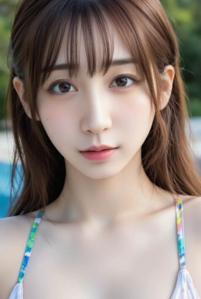 table top, highest quality, shape, Super detailed, finely, High resolution, 16k, perfect dynamic composition, straight hair, medium hair, brown hair,natural color lip, smile, 20歳のgirl、cute、beautiful、完璧でbeautiful顔, beautiful and detailed face, slim face and body, Elegant face, KPOP idol face、Japanese idol faces、small face、Big eyes, brown eyes, droopy eyes, 緻密でbeautiful目, girl, No bangs, swimsuit、pool、swim