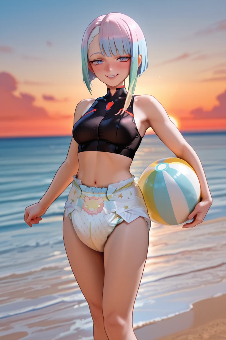 woman,full body,smiling,front view,white fur collar, red elements, glowing crop top, blue leggings, thigh gap, cameltoe, beach