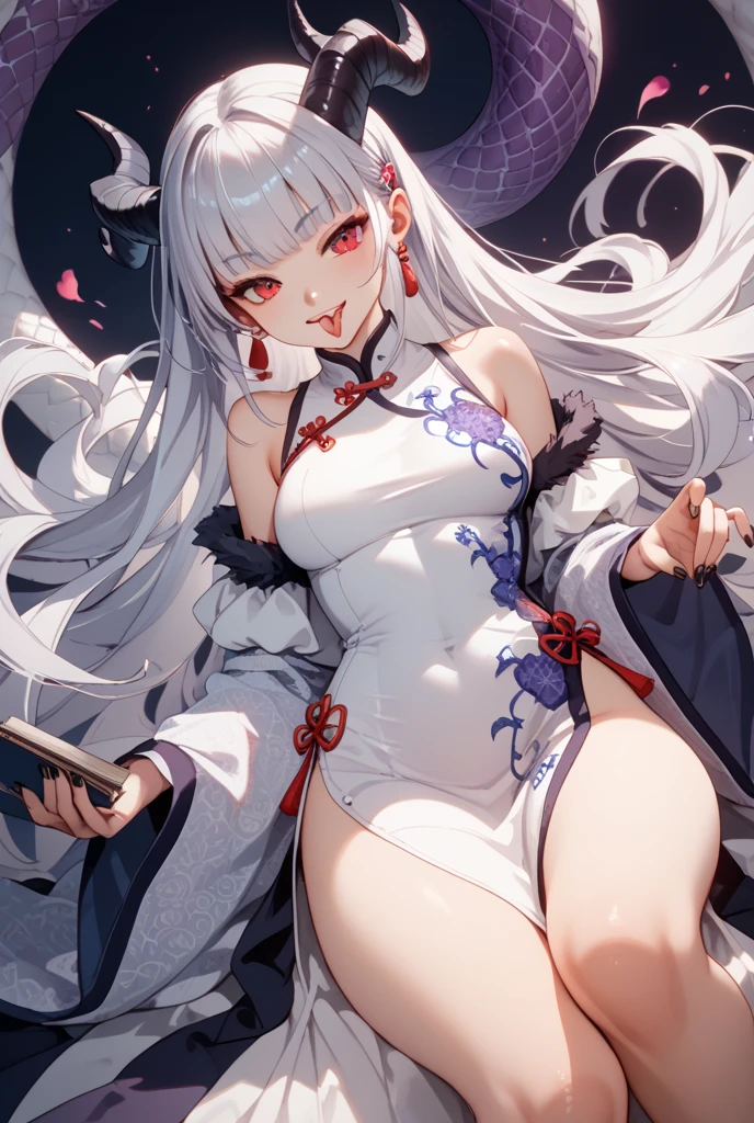 White color hair，Leakage out of the collarbone，Neck leakage，Heart-shaped decoration，Cheongsam, Short skirt, Over-the-knee stockings