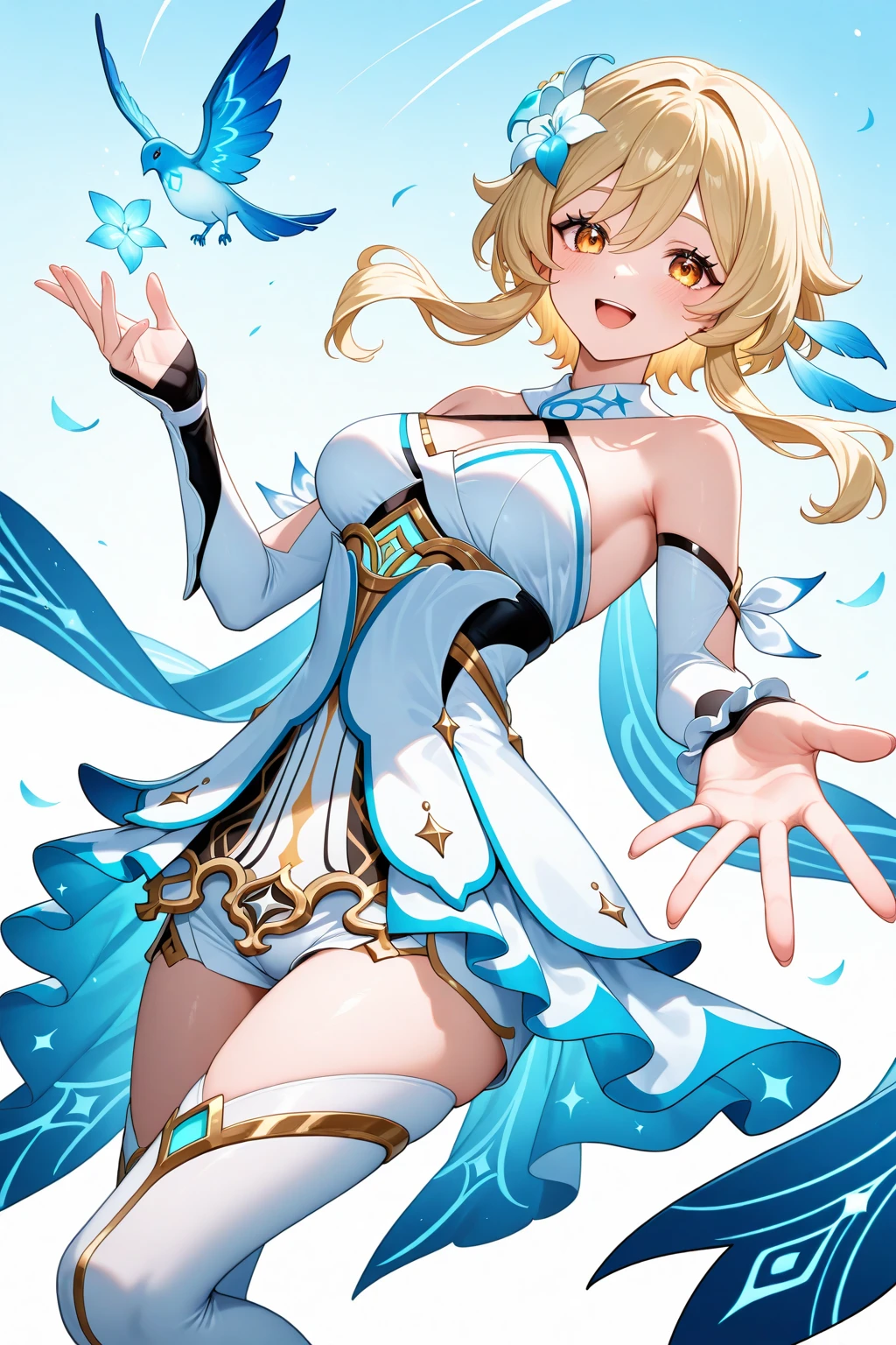 lumine_genshin_impack, 1girl, breasts, detached_sleeves, flower, upper_body, hair_flower, hair_ornament, long_sleeves, medium_breasts, solo, standing, white_dress, white_flower, white_legwear, smile, blush, outdoors,blue sky, temple, looking at viewer, mont,semi-bare,Sexy big ass,Fiddling with sexy ass,Expose sexy breasts,The kinky is exposed ,Protruding anteriorly and posteriorly,gigantic cleavage breasts