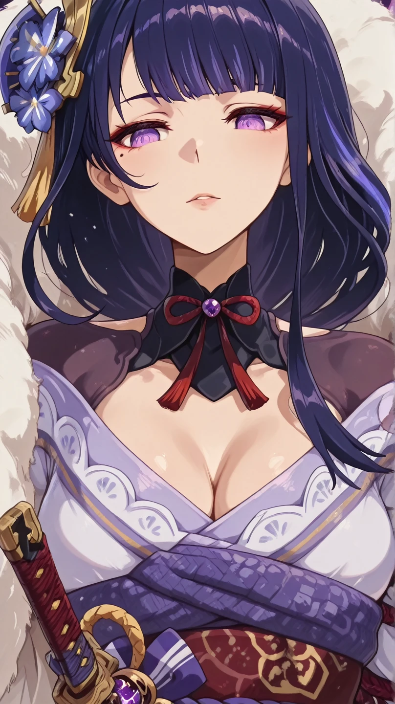 1girl, bangs, black hair, neckline, hair bun, huge breasts, lips, looking at the viewer, midriff, navel, purple eyes, transparent shirt, light clothes, single hair bun, solo, white shirt, (masterpiece: 1.4), (best quality: 1.4), (shiny skin), steaming body, (sweat, sweaty clothes:1.4)