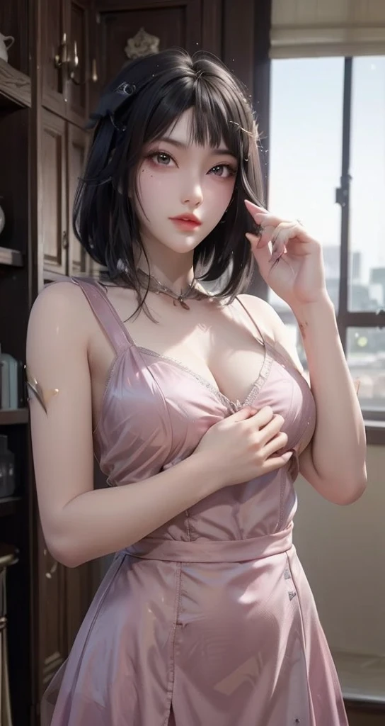 ((High quality, 8k, perfect quality, realistic)), beautiful, perfect face, gazing out the window, nighttime, ((dark room)), Before sleeping, restless, short nightgown, staring at the window, city night view, hair color black and cyan, night city, Cleavage, sexy, middle night