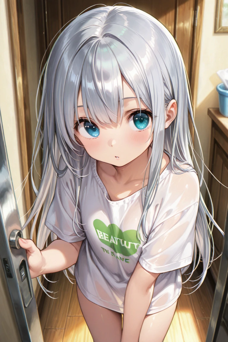 1girl、young girl、white hair、long hair、bangs、bright aqua eyes、white T shirt oversized、pink panties、bust-up、bedroom 