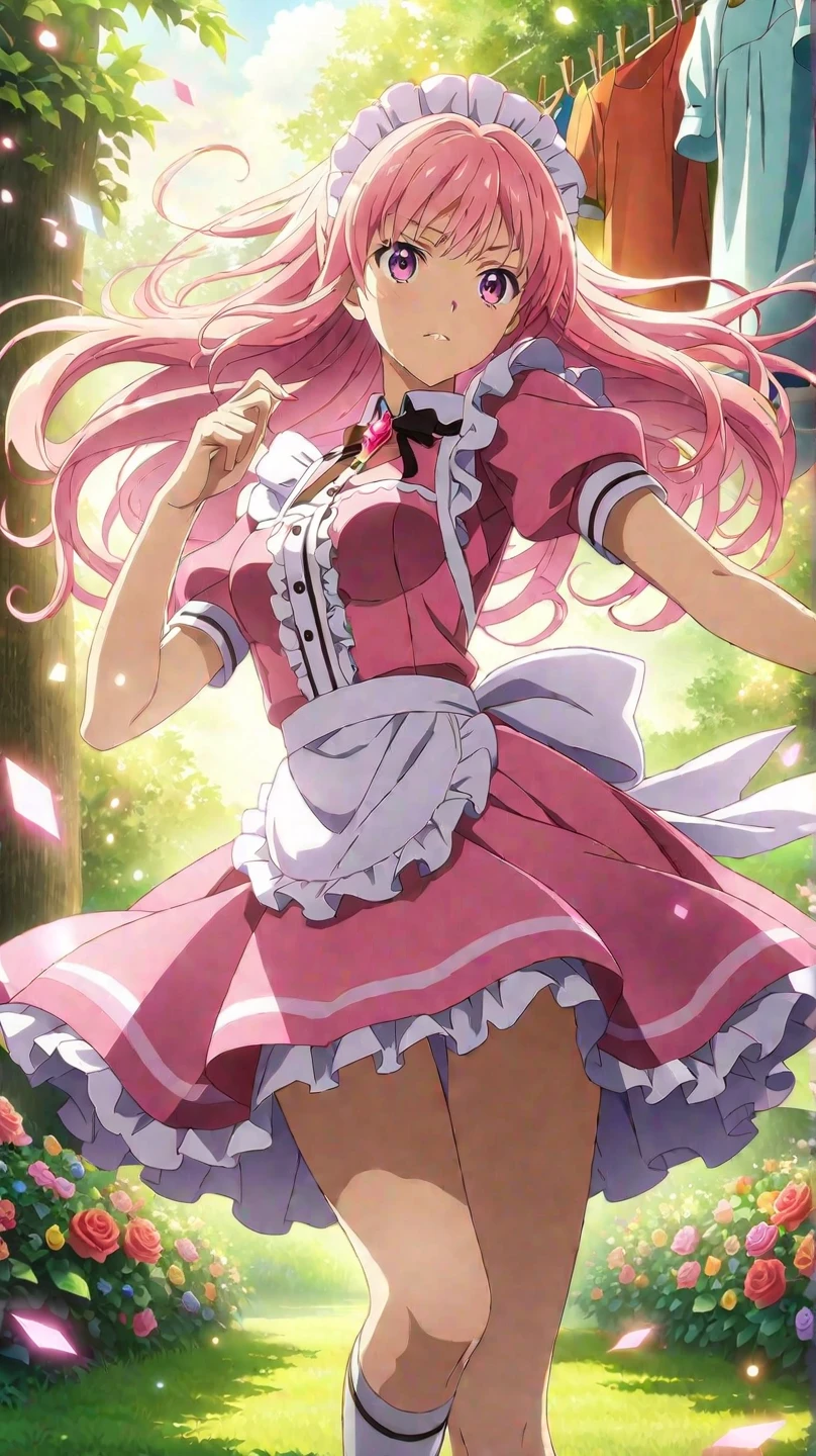 Beautiful maid in rose pink uniform with frilly apron, gracefully hanging laundry on clothesline, holding clothespins like precious gems, sunny garden backdrop, anime illustration, detailed facial features, flowing hair in breeze, elegant stance, magical shimmer effects, professional lighting, high quality digital art, 4K resolution