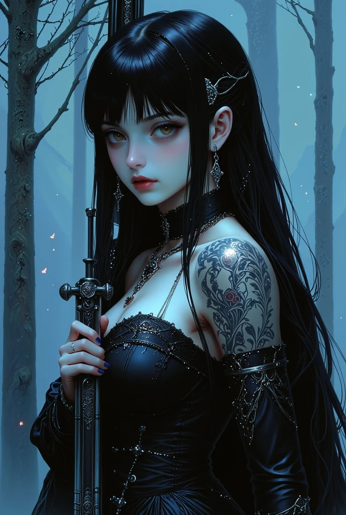 (8K, Raw photography, top-quality, ​masterpiece:1.2),  One Woman、Japan at the age of 18,fullllbody.{scinematic angle、Wide Angle、Don't split the screen、}（Realistic Skins 1.4）、（（（Vampire、Black hood、Black cloak、Goth  costume、Do not show the skin、）））、（（（In the dark forest、Pitch black night、Deep fog）））（（Blood dripping from the mouth、Red Eyes、Black and long nails））、50mm Lens、30mm film、wide angles、（long、straight haired、）、（A dark-haired、The forehead is hidden by bangs、）、Black eyes、shinny skin.Beautiful delicate face、Beautiful delicate eyes、｛tiny chest、uscular body、｝、