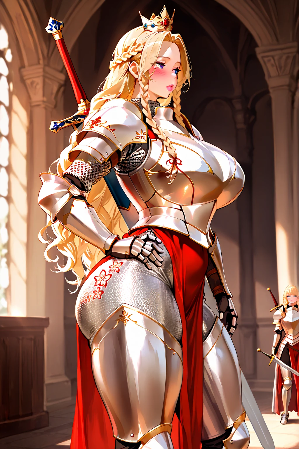 1 woman, medieval, queen, Caucasian, light skin, blue eyes, plump lips, absolutely beautiful face, large breasts, cleavage, wide hips, elegant armour chestplate, heavy cleavage, straight blonde hair, detailed skin, skin detail, (best quality,4k,8k,highres,masterpiece:1.2),ultra-detailed,dramatic lighting,