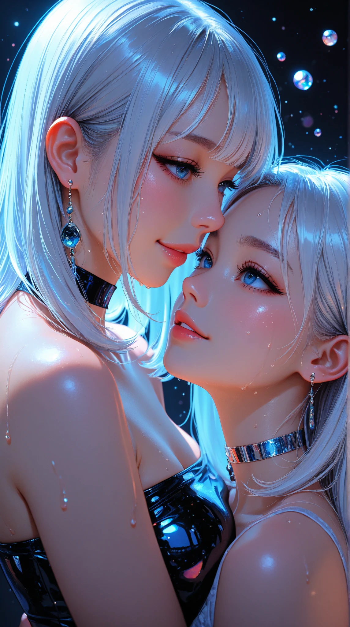 Subtle gradient effect (1.9) On a pure white background、A breathtaking masterpiece unfolds。Two stunning 1 girls oozing beauty sitting side by side。 The first fascinating feature is、Piercing blue eyes (1.5)、It involves an upward gaze, as if looking up at something captivating。Her navy blue medium bob hair、Asymmetrically parted bangs(1.8)It is styled with。Her expression was wide-eyed、Gives a fun impression。 Next to her、The second girl's face is contorted with a comical expression、Open your mouth wide (1.5)、Sticking out tongue、Cheeks dyed a deep pink (1.6)。 The body is decorated with sweet curves.、Representing a race queen inspired aesthetic (1.8)。The navel is exposed、Her physical beauty is drawing attention。 but、The scene unfolded dramatically.、 running down my chest(1.6)、Dripping down my cheek(1.6)。The overall atmosphere is one of playful debauchery.。