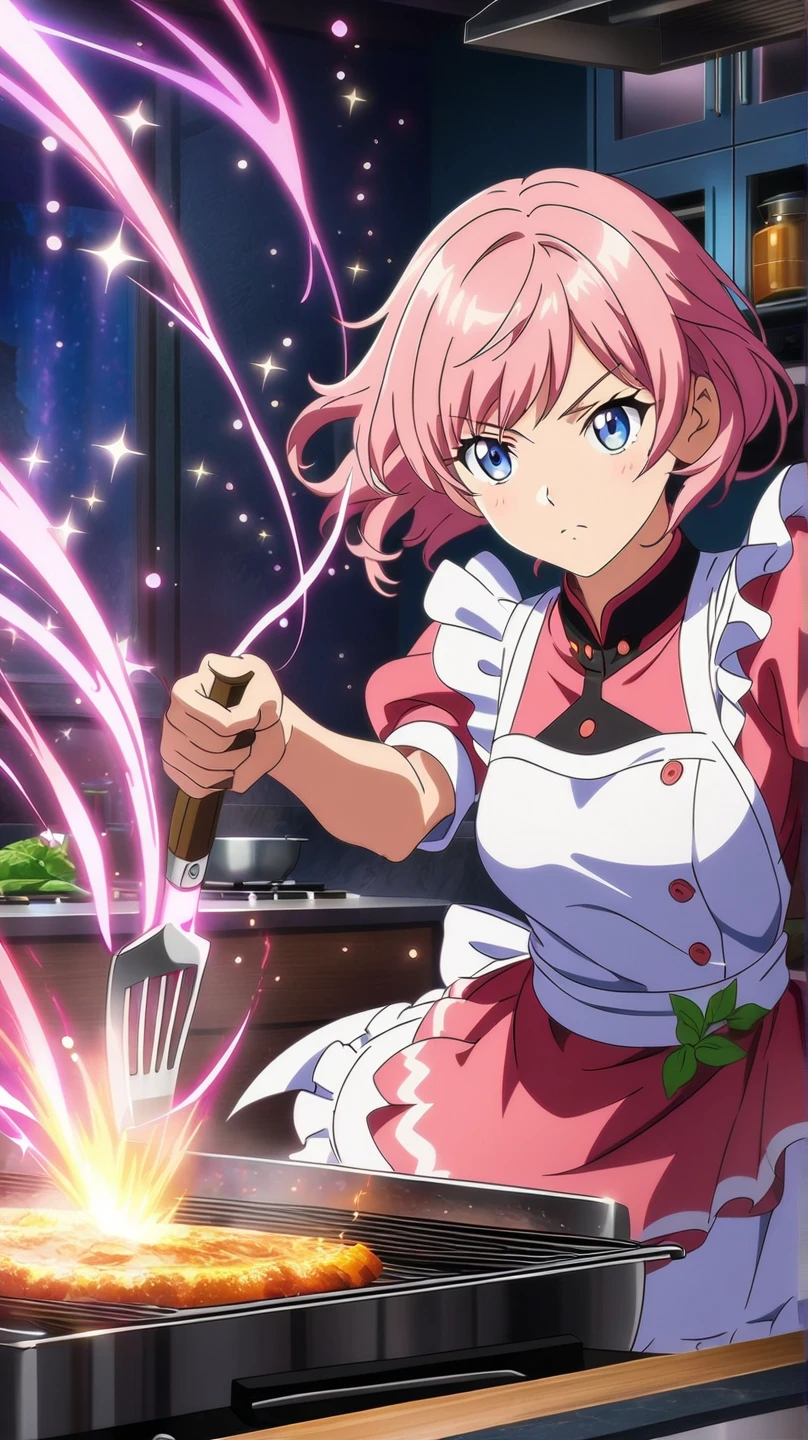Elegant maid in rose pink mini-skirt dress with chef's apron, skillfully cooking at stove, wielding cooking utensils like warrior tools, modern kitchen setting, anime style art, detailed face and hair, confident culinary pose, enchanted steam effects with sparkles, professional lighting, premium illustration, fantasy elements, 4K