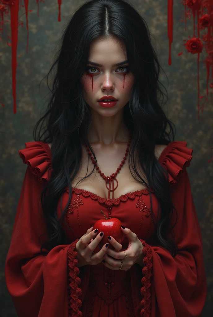 Teenage girl possessed by a demon, holding a human heart in one of his hands while a trickle of blood falls