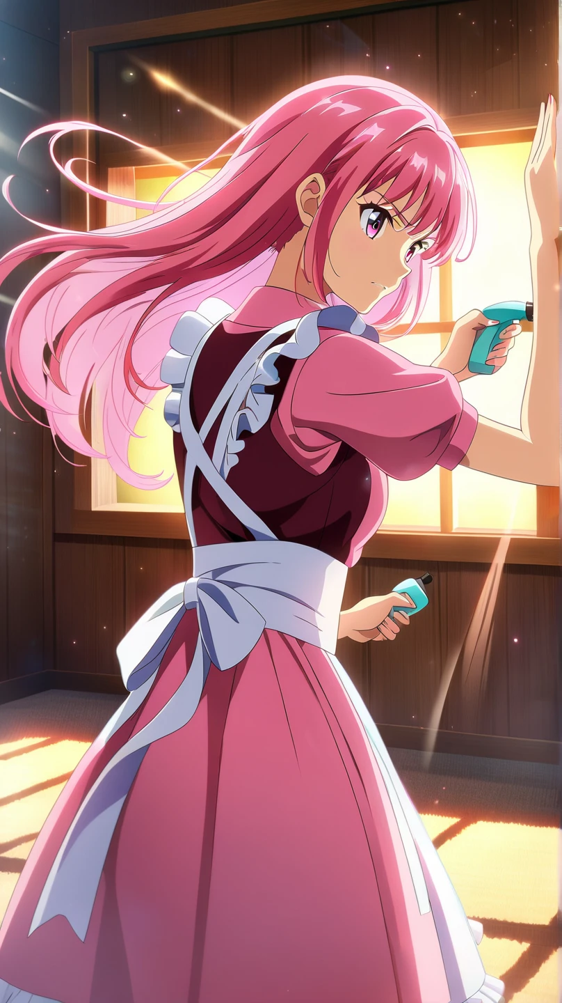 Graceful maid in rose pink uniform with lace trim, beautifully cleaning windows, holding spray bottle and cloth like magical artifacts, bright sunlit room background, anime style, detailed features, long hair catching light, confident cleaning stance, sparkling clean effects, professional lighting, high quality digital art, 4K quality