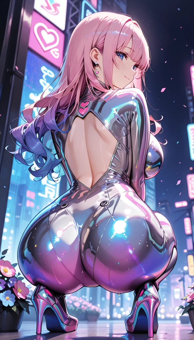 (Medium bob hair:1.5).focus on breasts.seductive pose、(Two arms、(Hands behind head:1.6).(Downtown at night:1.5).(Configuration from below:2.2)、(Exposing the nipples:1.9).(Bunny earmuffs:1.3)、(Composition from the front:1.1).(Squat, Spread your legs:1.9)、(Cowboy Shot:1.8)、(Shiny fluorescent pink holographic gradient high leg sexy swimsuit:1.9)(Browsing Caution:1.8).(Glowing Skin:1.8).(Wet Skin:1.3).(Huge breasts:2).(Nipples are visible:1.9).Exposing the breasts:1.9).beautiful ,最high quality、Best image quality、masterpiece、((Top model at age 20、 By becoming、Best Bust、The tea that opened my heart、shining eye,((Heterochromia iridis, (右eye, red colored 右eye iris)(左eye, gray purple colored 左eye iris), eye; Red and gray purple)), (Tiffany blue holographic hair color、), Silver-blue smooth and shiny top model hairstyle, Straight silk bangs, Cut in a straight line hair and bangs, Blunt bangs+Cut in a straight line, long and smooth hair、thin,Highest valley、black 、Shiny blue short skirt、shoulder jewelry ,Diamond Earrings、Wristband、black gloves)),high quality、beautiful芸術、background((School Area))、Flight、flying debris、Written boundary depth、movie、Visual Arts、Perfect art、8k,Genuine、Dynamic Performance