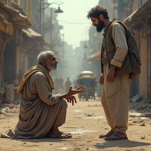 A Muslim gentleman is walking on the road.
A beggar is sitting on the street