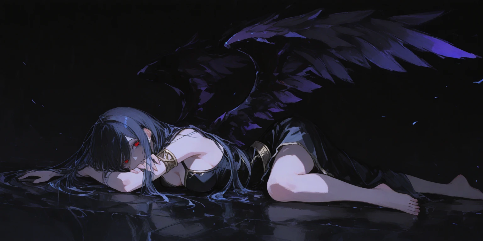 1 fallen Angel girl, character focus ,close to view, cowboy shot, (Faintly emerge from the darkness), cinematic lighting,lying underground ,((black wings)), ((black feathers )), black dress , high resolution,(incredibly absurdres), anime visual,ultra detailed CG unity 8k wallpaper, ((masterpiece)), ((top-quality)), (beautiful illustration), ((an extremely delicate and beautiful))