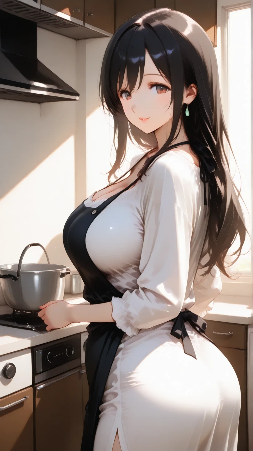(Mature Woman:1.5), (mother:1.5), Ishtar, Fate Grand Order, (absurderes, 8K, 4K, masutepiece, hyper extreme detailed:1.2), Best Quality, Perfect Anatomy,Perfect face,Facing forward,High humidity, (alone:1.2), (Sweaty:1.3), shortness of breath, High humidity, humid, (Black Hair:1.1), Red eyes, Looking into the camera, (Very large breasts:1.5), Light clothing, apron, (kitchen;1.1), (Having a conversation:1.5), (Speech bubble:1.2), A kind smile, relief, peace of mind, mother性, Cooking, have a ladle, pot, pot-au-feu
