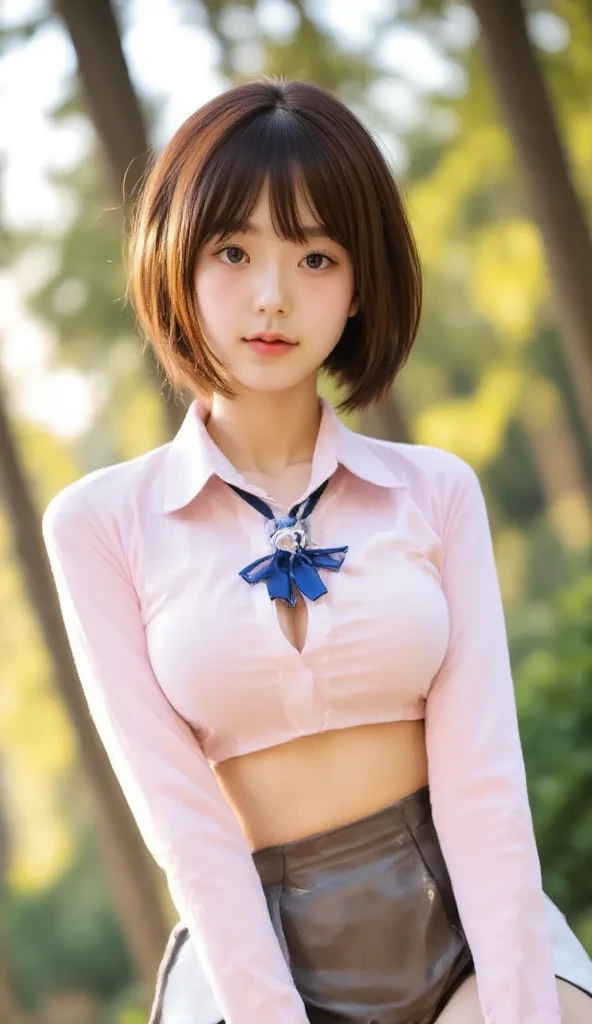A 15 year old girl,
Pale skin and pink lips,
huge breasts,
blue eyes,
a sweet smile,
short brown hair,
with a bow on her head,
In a blue miniskirt and showing abdomen, having small red shoes