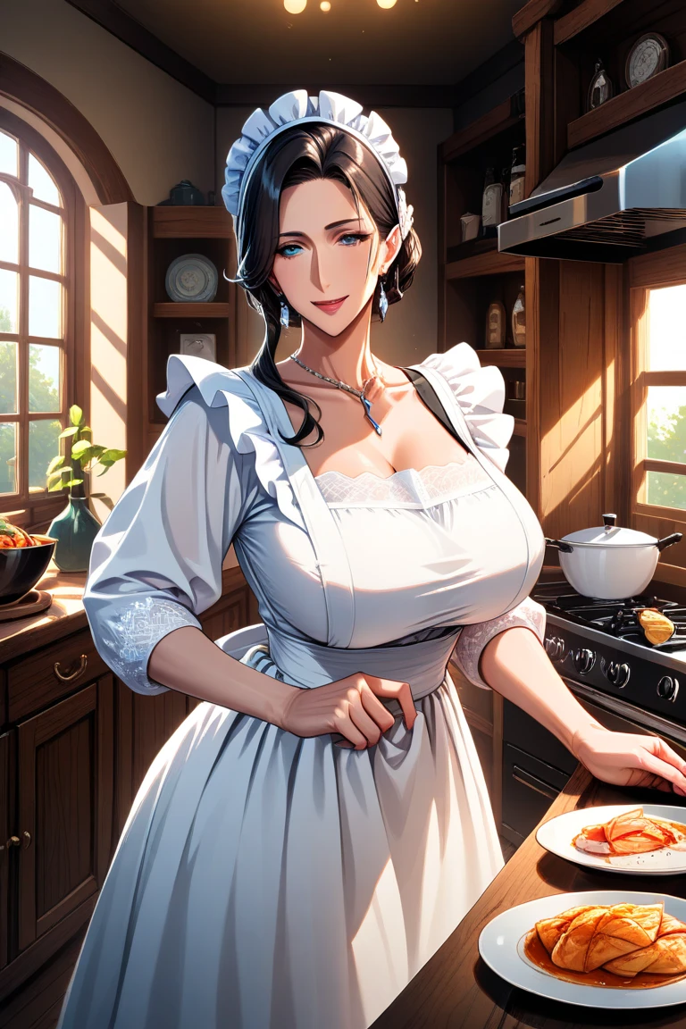 (Mature Woman:1.5), (mother:1.5), Ishtar, Fate Grand Order, (Absurd, 8k, 4K, Tabletop, Extremely detailed:1.2), highest quality, Perfect Anatomy,Perfect Face, High humidity, (alone:1.2), (Sweaty:1.3), shortness of breath, High humidity, humid, (Black Hair:1.1), Red eyes, Looking into the camera, (Very large breasts:1.5), Light clothing, apron, (kitchen;1.1), (Having a conversation:1.2), (Speech bubble:1.1), A kind smile, relief, peace of mind, mother性, Cooking, have a ladle, pot, pot-au-feu, Gentle look, nsfw