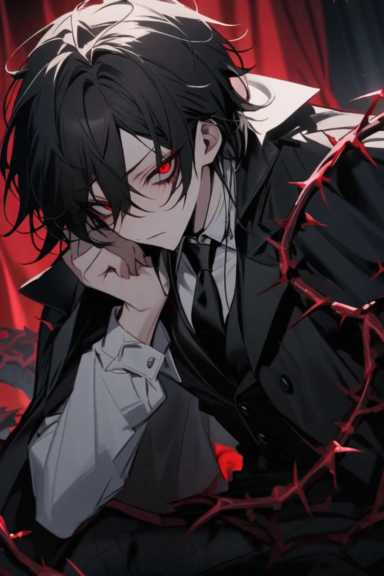 a guy with mid-length, black hair. his hair is parted down the middle and is groomed. he wears formal attire in all black. he has a confident look and appears to be intelligent. his eyes are red. he is lean and tall. he is in the underworld, surrounded by demons and skulls.