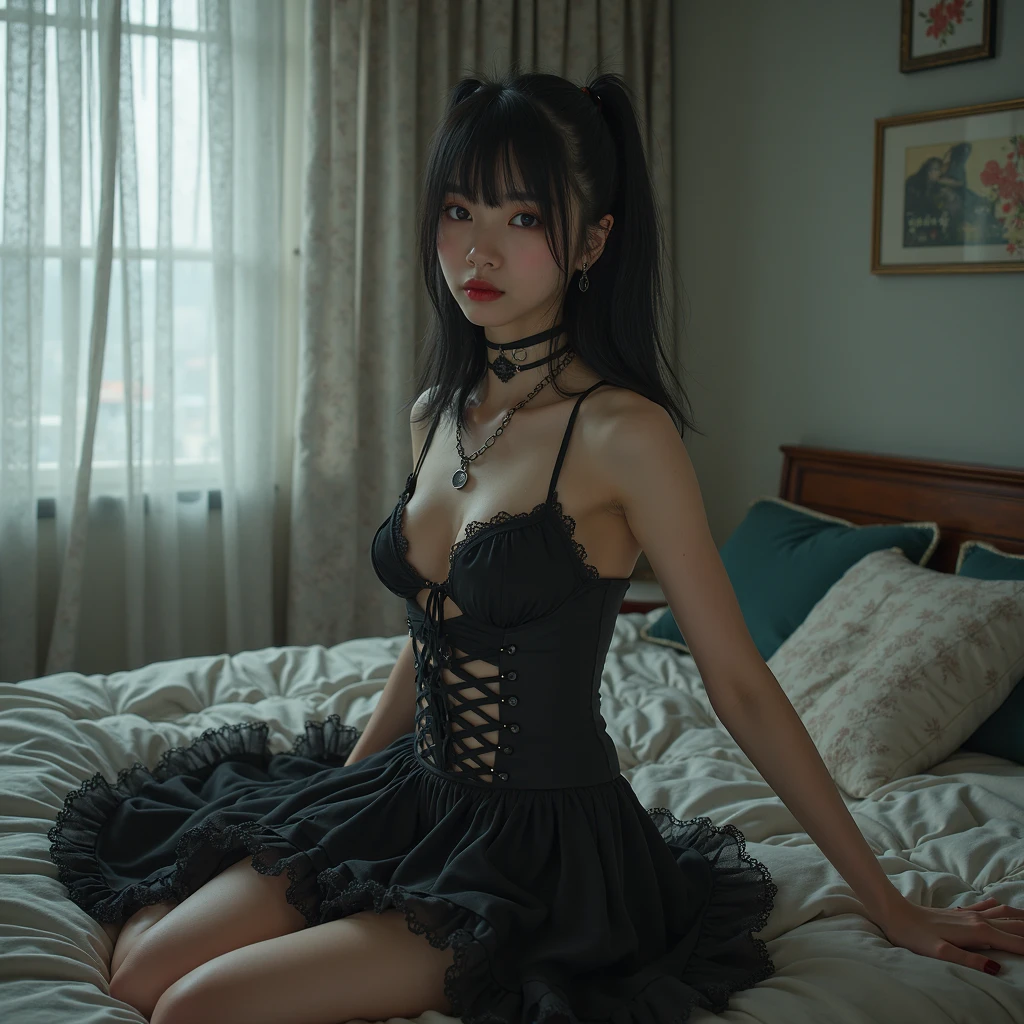 There's a woman taking a picture in a mirror, 1 7 - year - old goth girl, goth girl aesthetic, She is about 20 years old, she is about 2 0 years old, 1 7 - year - old anime goth girl, cruel korean goth girl, Ropa vestida de negro, she is about 1 6 years old