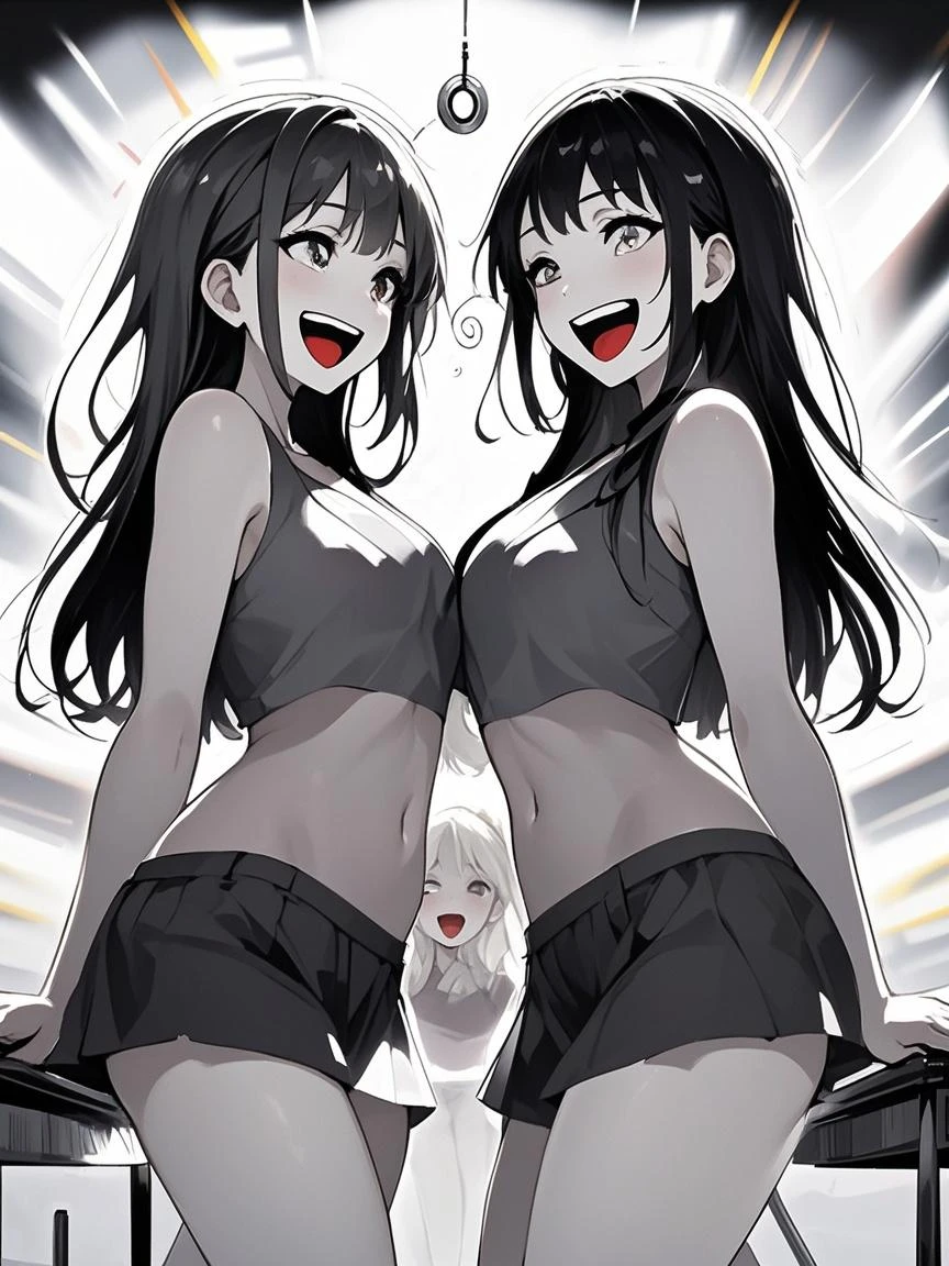 best quality, masterpiece, 3 girls, random poses, (tongue out:1.2), (drooling:1.3), (low twintails hair with bangs:1.3), fluorescent red and white colored bikini, (medium breast:1.2), solid red background