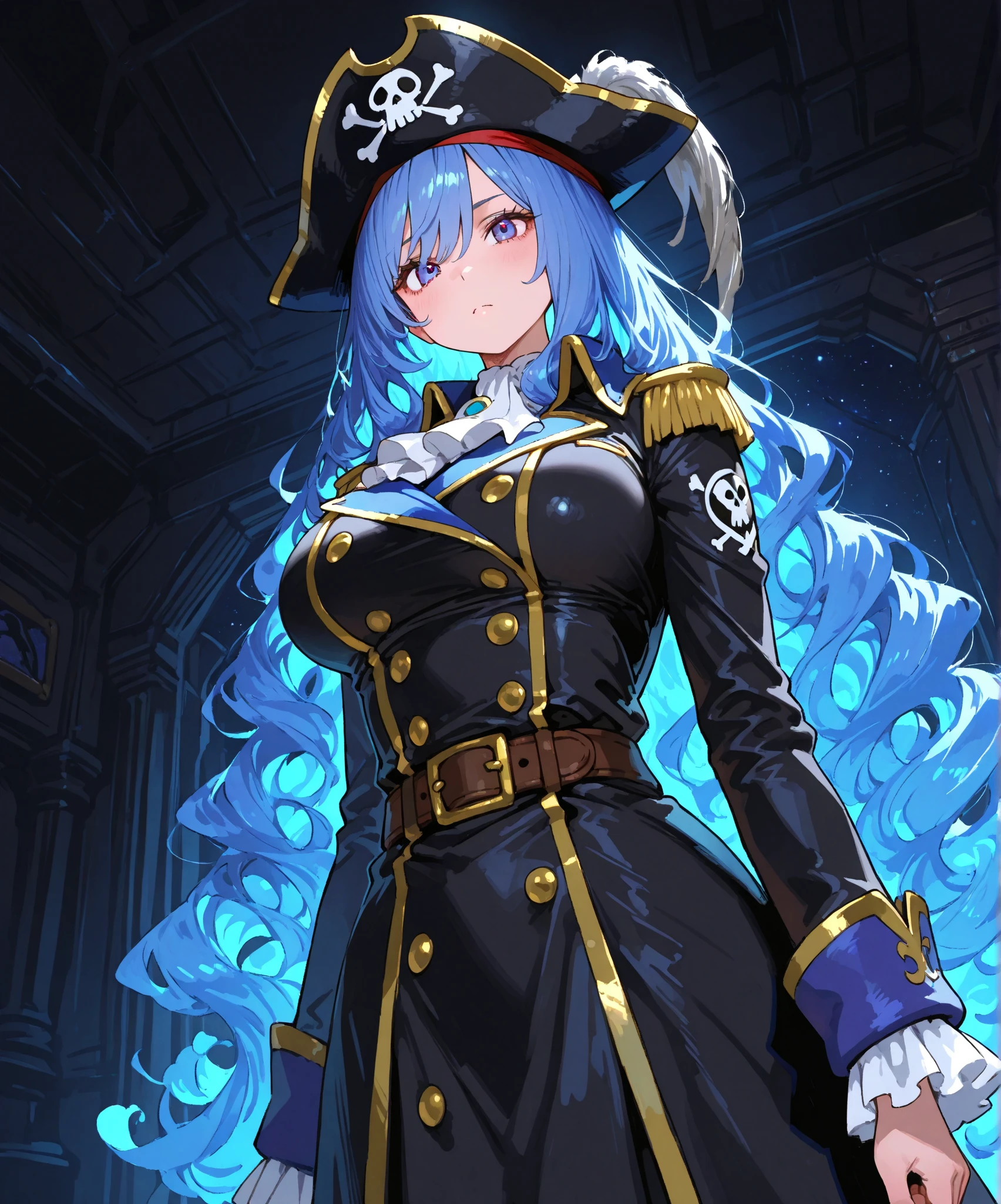 a sexy japanese woman wear pirate hat, pirate outfit, on a pirate ship, (detailed pirate ship), fog, soft light, (best quality), (masterpiece), slim, long legs, (flat chested), anime, (view from above), (purple hair)