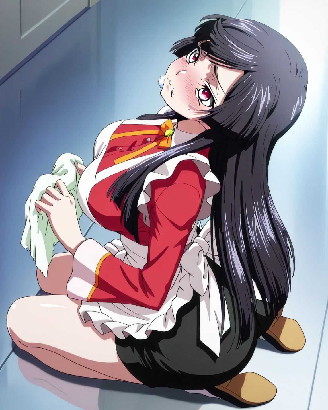 Sakura Jinguji, with her long black hair cut, spreads her pubic hair in a long sleeved, luxuriously embroidered, super shiny satin pink Western frill dress.　She cries as a bunch of men splash their semen on her