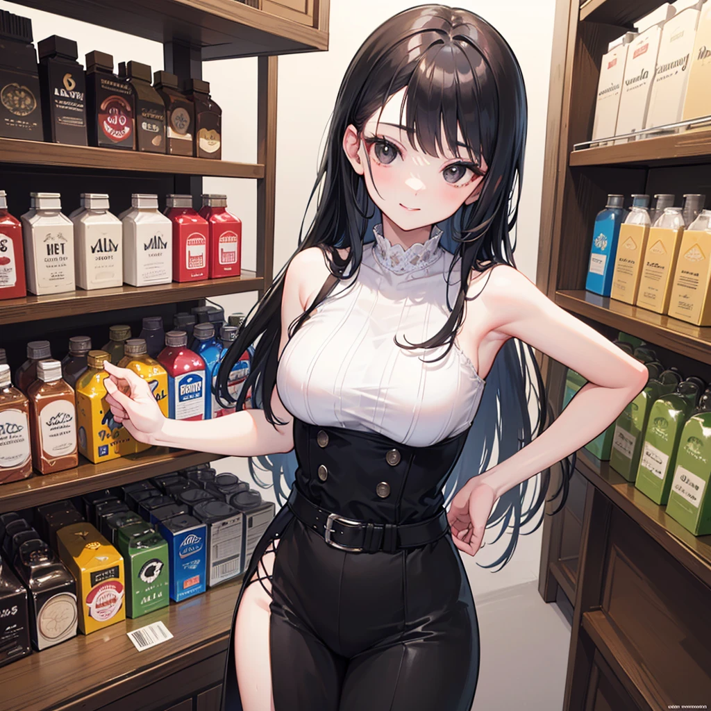 One girl, alone, May, Long black hair,(naked:1.3), (White apron), Large Breasts, Cleavage, Thighs, Cafe Background, (blush:1.2), smile , Purple eyes