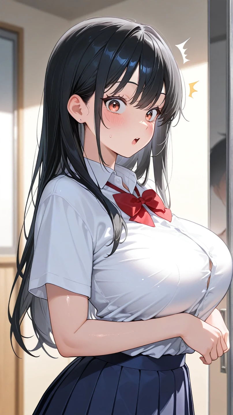 masterpiece, best quality, (anime screencap:1.3),(illustration), cute,(simple:1), (anime:1.2),solo, sharp, focus, 1girl, cleavage,looking at viewer, japan, girl on top, back shot, open mouth, black hair, ((black mini skirt)), show off breasts,breasts out, side ponytail, heart shaped pupils, ,drool,hentai, (filled with sperm :1.3), (ass focus), large breasts, bottomless,(skirt lift:1.3) ,nsfw