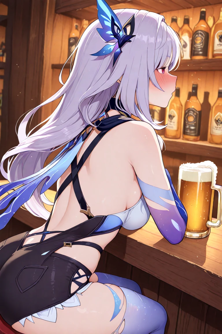 NSFW, masterpiece, sitting, insanely hot (woman 1) using sexy clothes, (((cute pose)), (thick thigths), (laughing), blushed face, yellow eyes,  pouder blue hair, medival tavern, beer, gigantic ass, from above, drunk, not looking to the camera, chatting with partners