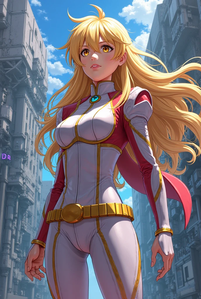 ((masterpiece)), ((best quality)), ((high res)), (dynamic villain pose), (solo, solo focus), standing, italian, blonde hair, brown eyes, a woman in a yellow and red costume and red cape, leotard, bare legs, roman helmet with futuristic visor, matching armored boots, space backdrop
