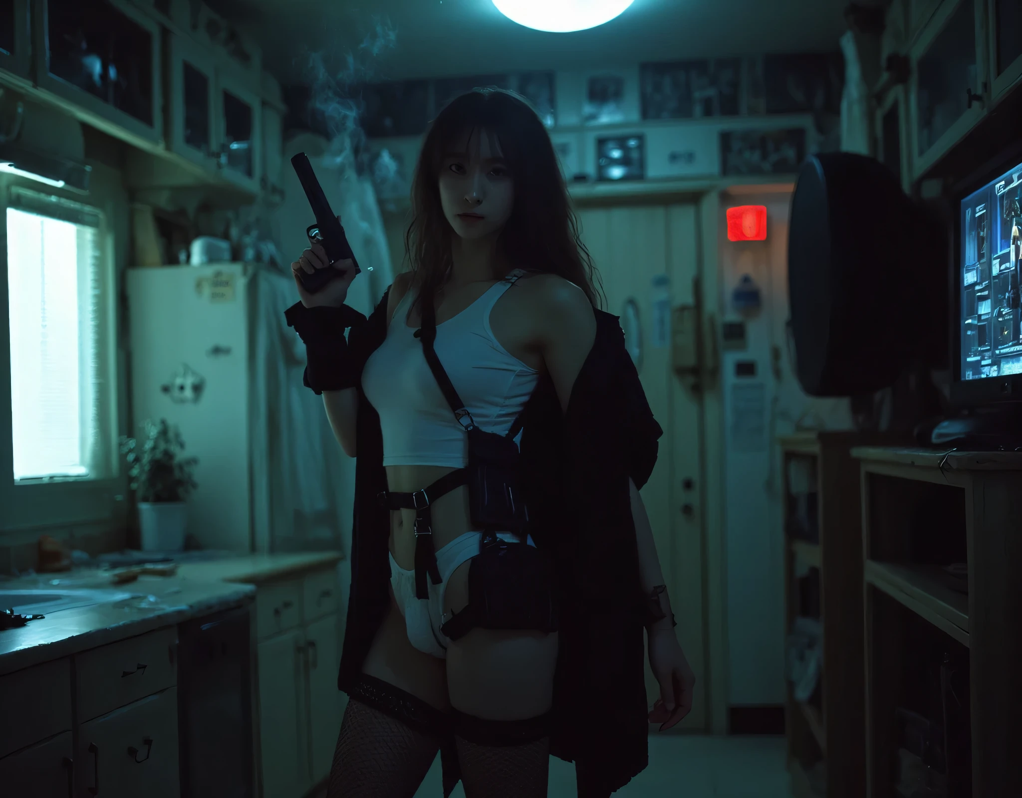 (Raw photography, 4K, ​masterpiece, hight resolution, very intricate), (Photorealsitic:1.4), Cinematic Lighting, (((((at night))))), (((1Girl, solo))), solofocus, Wet, full body Esbian,large breasts, Chest exposed, cleavage of the breast, wide open ass, pubic hair, Slim waist, eyes are brown, ((​masterpiece:1.2)), top-quality, top-quality, Official art,the Extremely Detailed CG Unity 8K Wallpapers, artbook, a picture, (Brown hair long hair), Hair disheveled, aerial view of cyberpunk city, Expressive Hues, Vibrant Palette, B deficiency and white clothes, (((matrix style black micro sunglasses))), (((aiming with a short gun))), (((looking at camera))), (((very low view))).