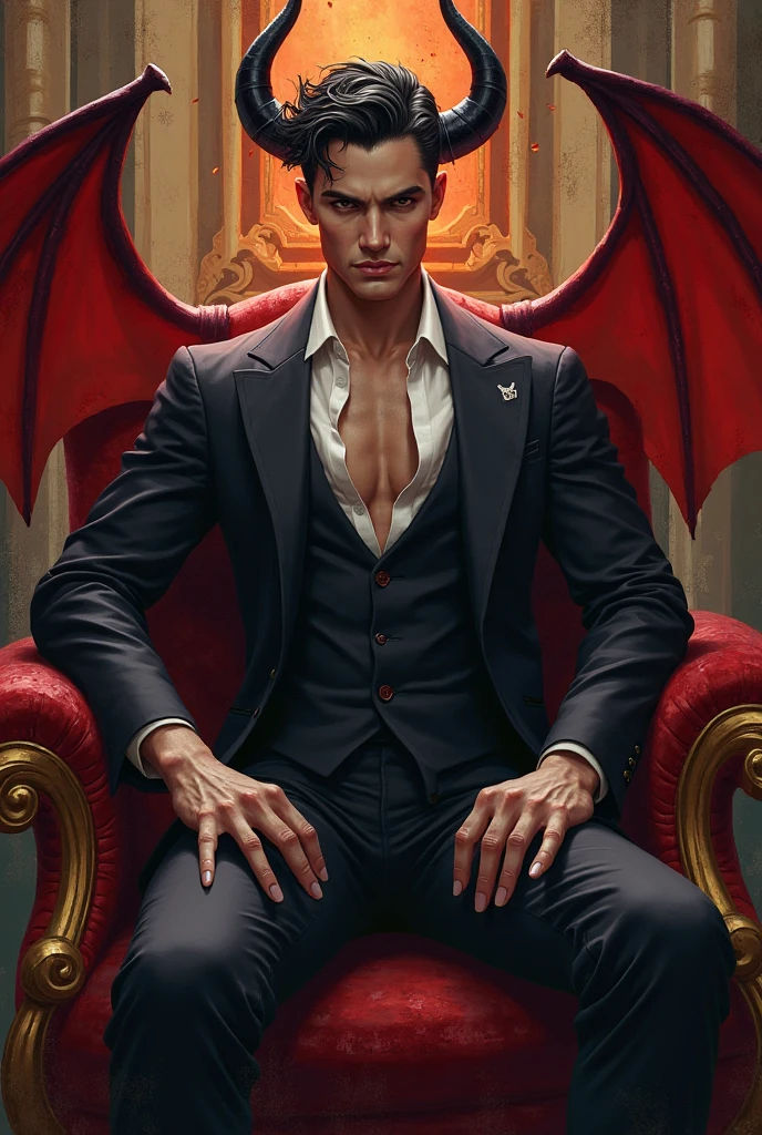 a handsome half demon man with short black hair, dark eyes and huge bat wings, dark tattoos on his body. mysterious, dnd character art, sitting on a throne.