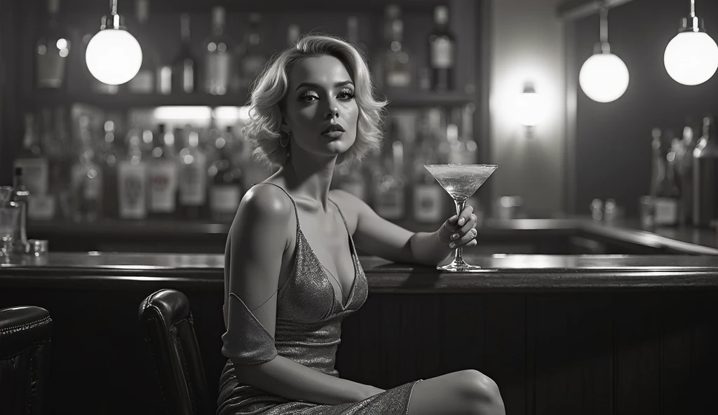 Uma imagem de uma cativante estrela do filme noir, envolta em um vestido elegante, sitting in a dimly lit bar reminiscent of classic Hollywood movies. The black-and-white image exudes the timeless allure of 1940s cinema, with its dramatic lighting and aura of vintage glamour.