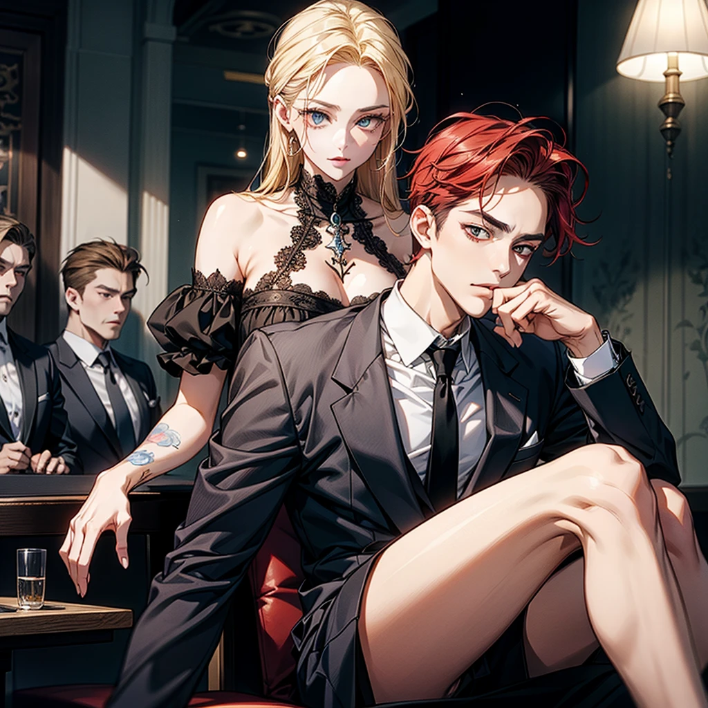 A princess with a black dress and short hair.
She is with three fun teenage ogres.
The first ogre is thin and has red hair and wears glasses..
The second ogre is muscular and bald The third is blond and very charming The princess and the three ogres were eating sweets