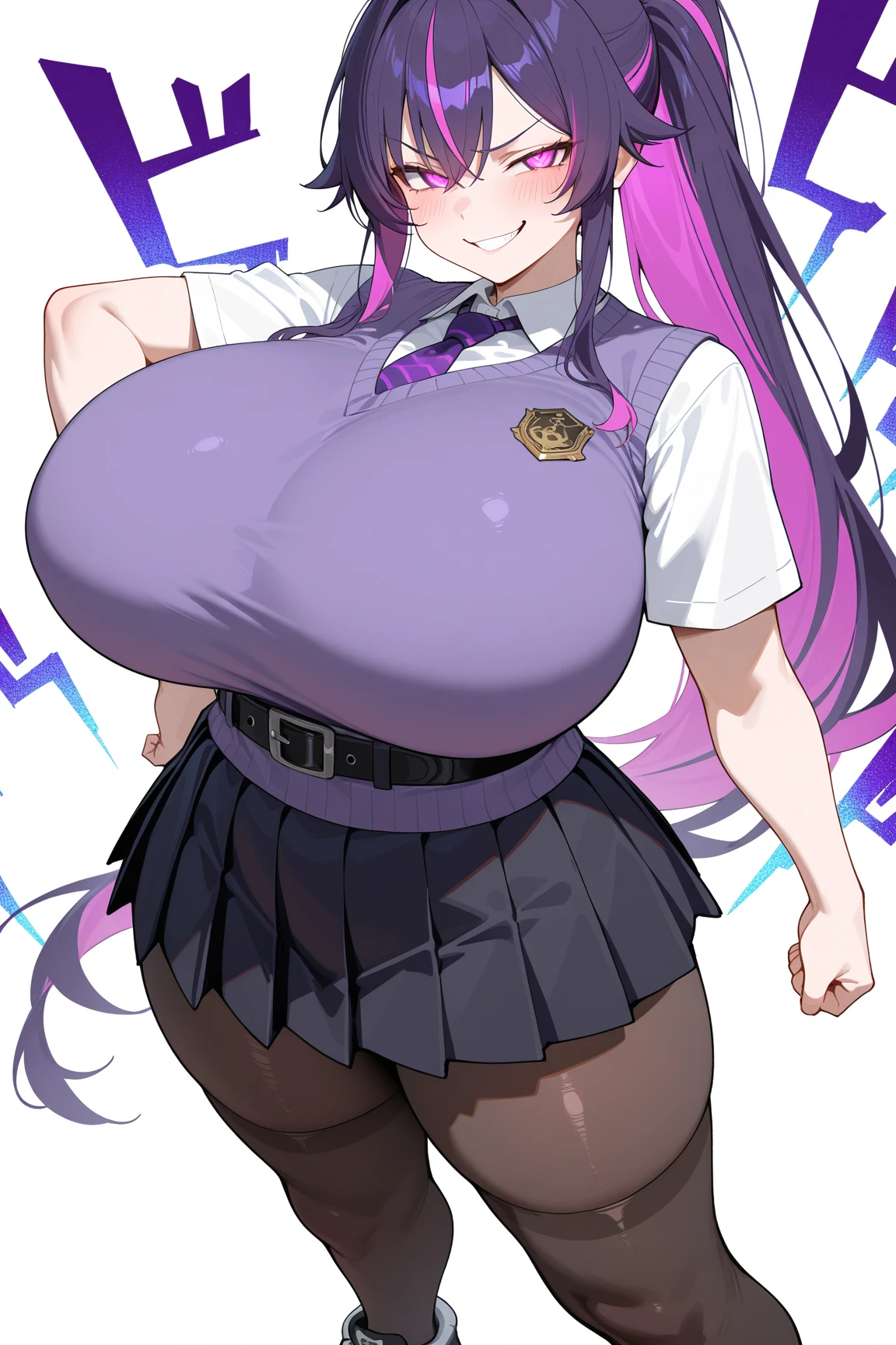 2d, masterpiece, best quality, anime, highly detailed, cowboy shot, 1girl, solo, yuri, purple eyes, purple hair, long hair, hairclip, [[large breasts]], school uniform, blazer, brown sweater, collared shirt, neck ribbon, blue skirt, standing, own hands together, expressionless, classroom, (large breasts:1.6), (lamia:1.6)