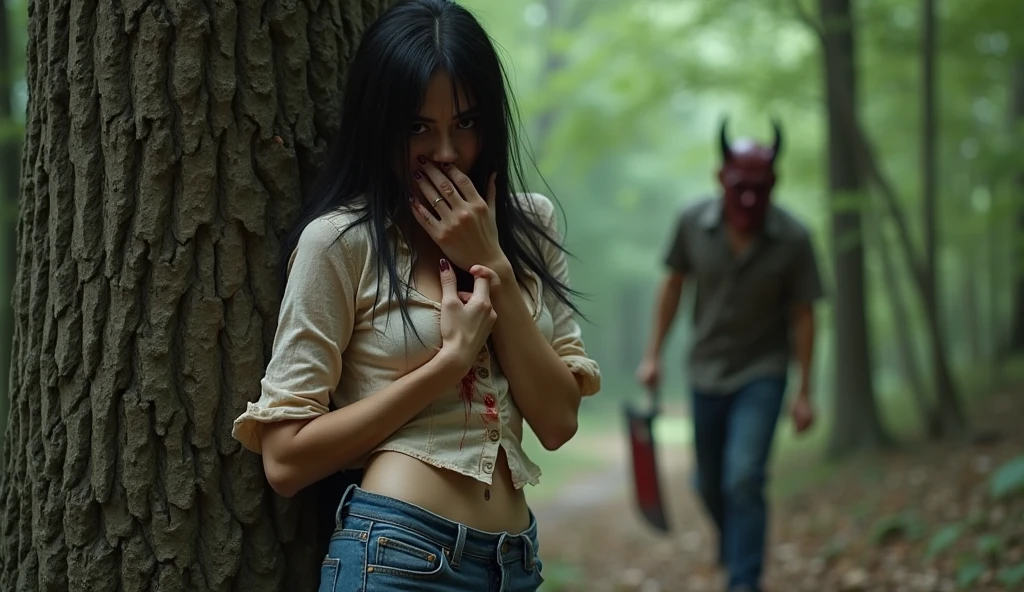 ultra realistic, photography, long black straight hair, messy hair, (30 years old, hazel eyes, hourglass figure, perfect fit body, natural big breasts), femme fatale, she is wearing a very ripped and torn blouse with a plunging neckline, pushed down over her right shoulder, blood is on her blouse, there are bloodstains on her blue jeans, her sneakers are dirty, she is hiding in the woods, standing behind a huge tree, she is leaning against the tree, she looks very scared, she covers her mouth with her hands, a guy with a devils mask and a bloody machete is approaching behind her tree, he is looking around, extreme wide angle