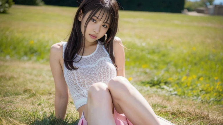 (masterpiece, highest quality:1.4), Award-winning portraits, 8k, 85mm, alone, Beautiful Face, Delicate girl, (Cheerleader、On the grass), Sophisticated, cute, 15 years old, RAW Photos, Confused, High resolution, Sharp focus, Background Blur、(((flat 、thin and delicate body、Childish atmosphere)))、shiny semi-long hair、ponytail、Mole on the left cheek、 Dark blue eyes、the skirt is swaying in the wind、Hair swaying in the wind、sexy、flexible legs、naked、topless