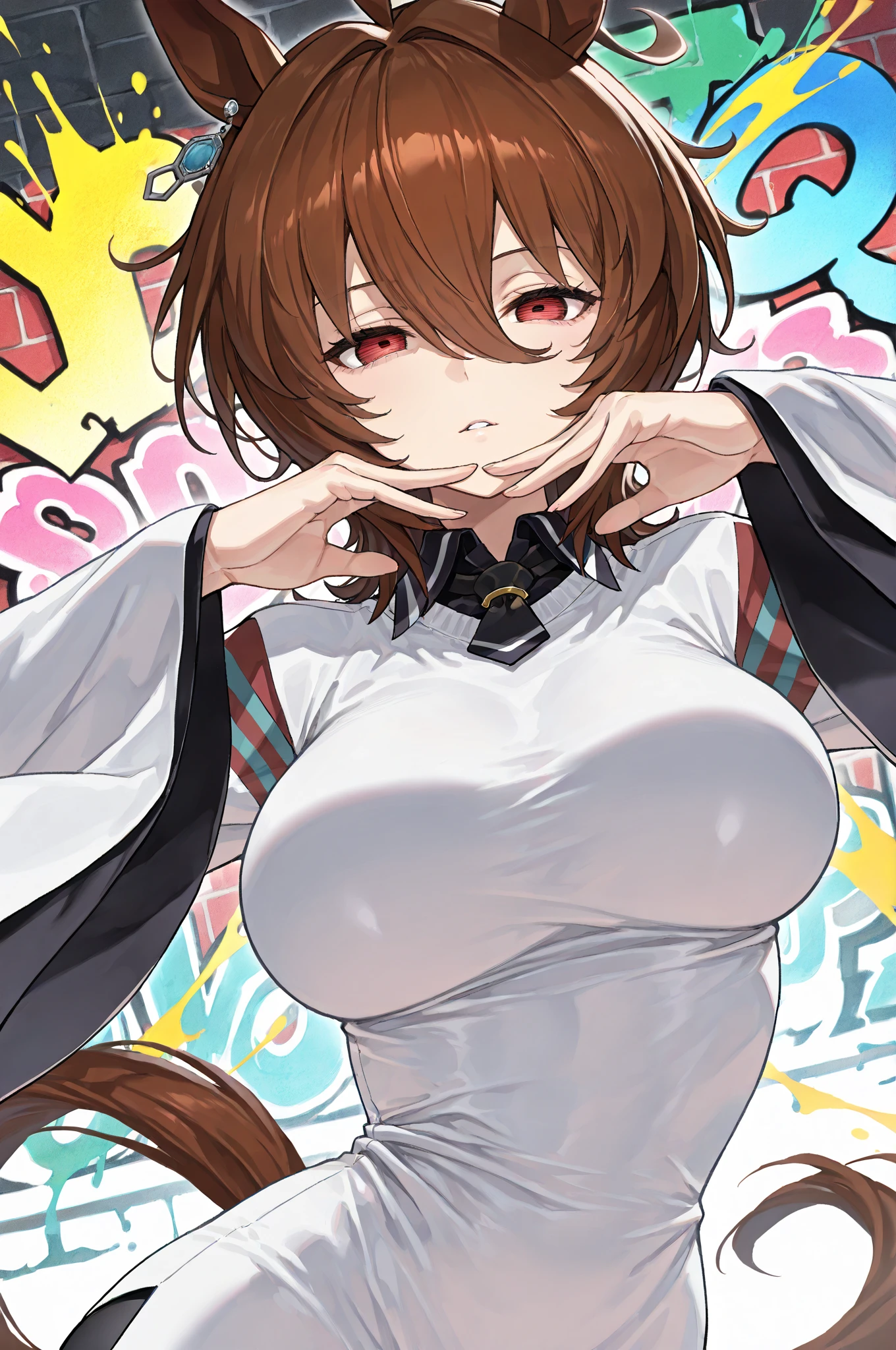 girl brown hair white shirt red panties wet shirt wet big big tits hot cute uwu face wet face lewd face