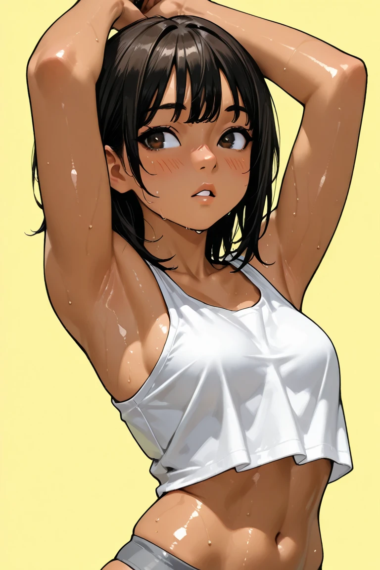 Highest quality、Realistic、、zoom、Primary school students、Girl、look up、cute、Light grey eyes、Black Hair、Armpit hair、short hair、White leotard、Gymnast、Sweating profusely、Shy laugh、Flat Chest、Bust Shot、thin、gym