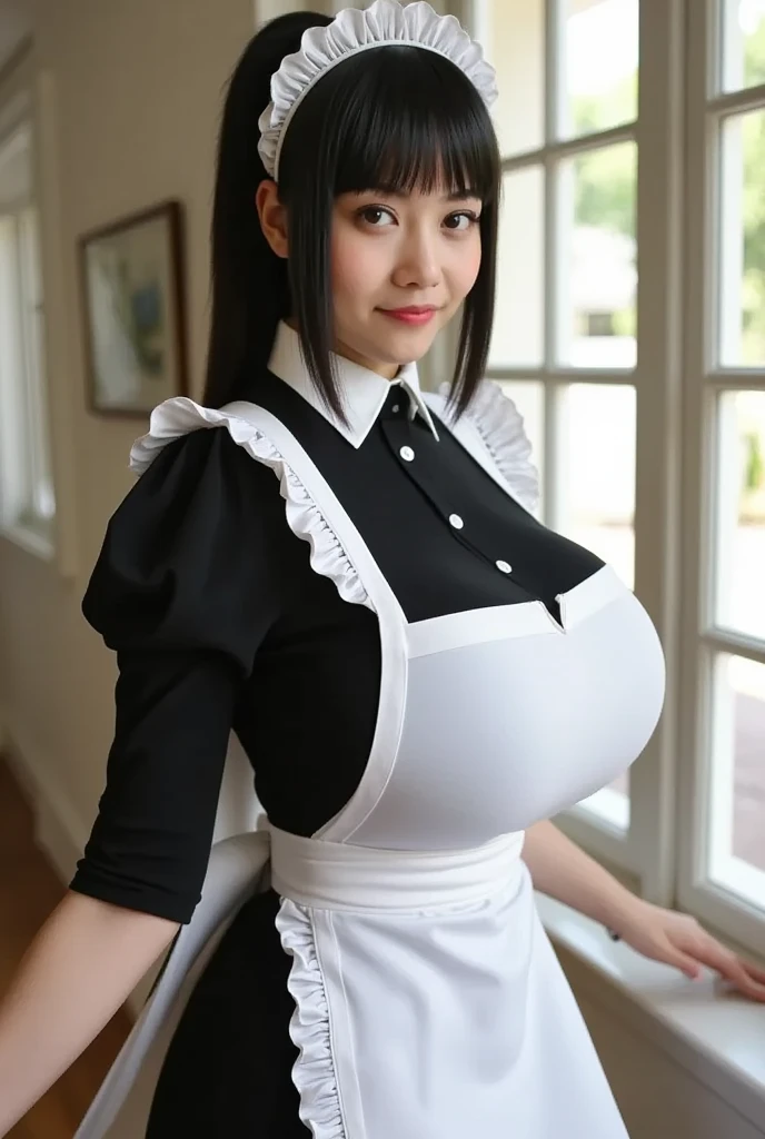 highest quality, ultra high resolution, (realistic:1.4), 1 girl, ((black and white maid uniform:1)), frills, ribbon, choker, (Big breasts), (cleavage), (winding), big breasts, (short medium hair:1.4), (looking at the viewer),((natsuki kaamura)),smile,open your mouth