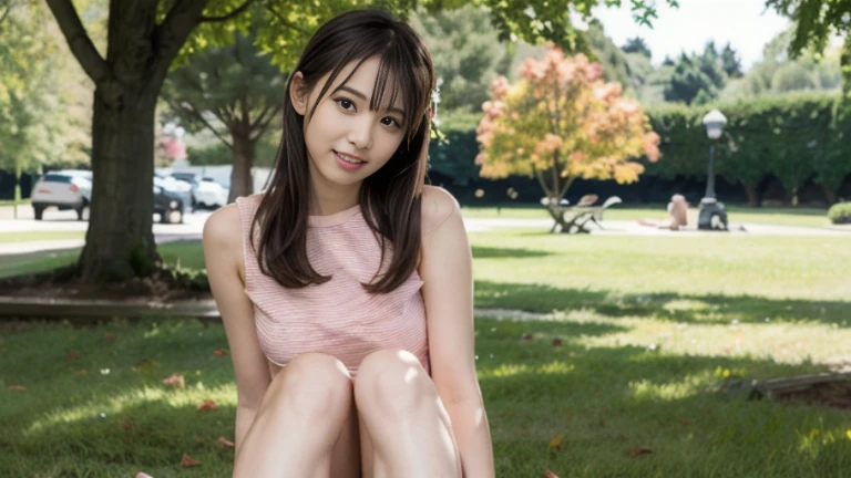 lens: 135mm f1.8, (Highest quality),(RAW Photos), (No clothes:1.1), (Beautiful Japanese Woman), Cute face, (Deeply chiseled face:0.7), (Completely naked:0.4), dappled sunlight, Dramatic lighting, (Thick pubic hair), (On campus), shy, ponytail, (Full Body Shot:1.2), (smile),, (Sparkling eyes)、(sunlight),Long, slender legs,Beautiful legs,Slender body,Small breasts