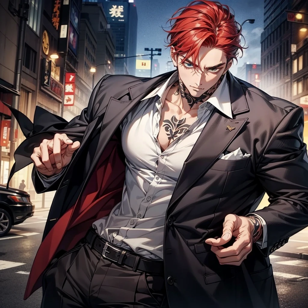 He is an alluring incubus with mesmerizing purple eyes outlined in a captivating blue hue. His fiery ginger hair adds a touch of boldness to his captivating appearance. He stands tall, exuding an irresistible charm. Wearing a suit