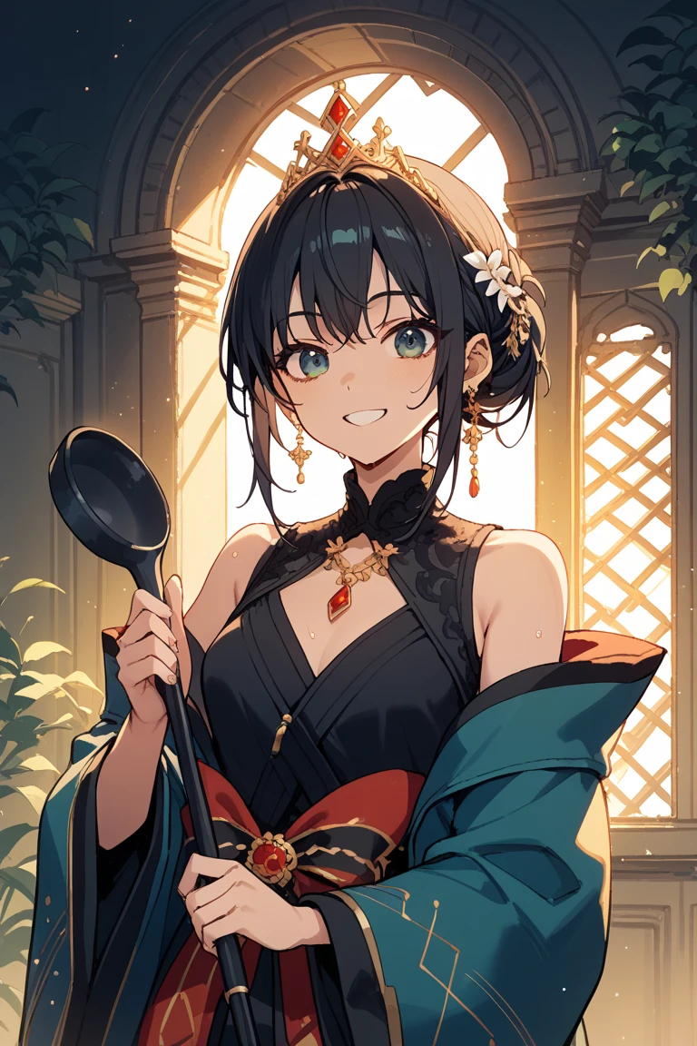 <lora:EDGHanfusion:0.8> edghanfu, wearing edghanfu, cowboy shot, hanfu,, ultra detailed, masterpiece, best quality, aesthetic, detailed,, solo, smile, 1girl, aqua eyes, black hair, <lora:low_ponytail-1.0:1> low ponytail, ahoge, absurdly long hair, very long hair, hair flaps, hair between eyes, bangs, crossed bangs, messy hair, small breasts, goggles on head, closed mouth,