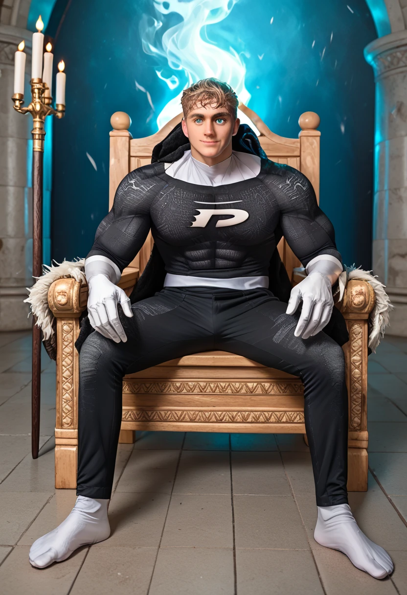 full view full body, one handsome over-muscular and over-bodybuilded young white male with long demon blue and gold horns, blond preppy undercut clean haircut, angelic face, tanned, in shiny light-blue rubber suit and white socks, lots of golden rings,necklaces,bracelets, lying in socks, groggy on the ground, badly beaten, with maks of blows, in deserted street, night