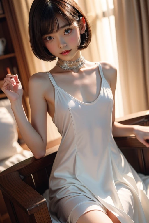 (Real: 1.5, Tabletop: 1.5, 8k), (Top Quality, Masterpiece, Ultra High Resolution), Perfect Dynamic Composition, Professional Camera Work: 1.4, Highly Detailed Skin and Face Texture: 1.3, Mysterious Portrait: 1.3, Glow Light Effect, Ultra Detailed, Alone Girl, ((Night View from Inside a Building, Pitch Black Room: 0.9, Night Moonlight Shines Through the Glass)), ((White lace panty)), (Model Body), Clear Face, (Beautiful and Attractive Eyes: 0.9, Dreamy Expression: 1.0, I Love You From the Bottom of My Heart: 0.8, Beautiful Erotic Taste: 0.7), (Wet Dark Brown Bob Cut), Candle, Large Breasts, ((cleavage)), breast grab, Necklace, (Sitting on Bed, Sitting Cross-legged), ((Attractive Functional)), Bed, Bedroom, Covered Nipples, ((Blushing:1.37)), No Panties, No Bra , Thin Eyebrows, skirtlift, covering breasts, One hand on own breasts, (Accurate hands), Wariza, One breast spilling out of the nightgown, ((One breast protruding from the nightgown; the hem of the nightgown lifted up))