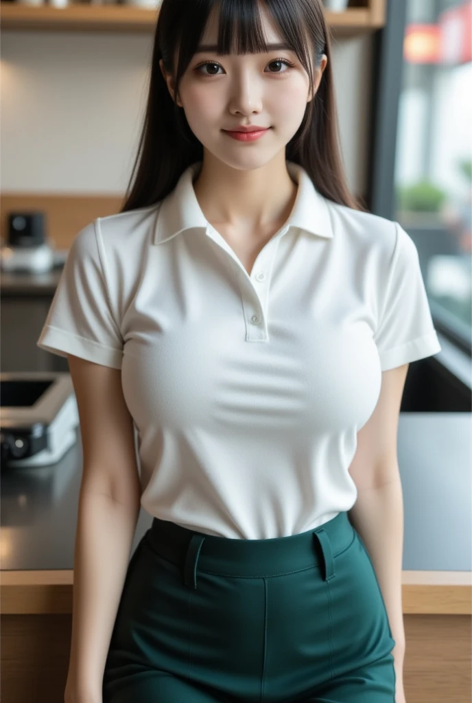 masterpiece, best quality, illustration, Super detailed, fine details, High resolution, 8K,wall paper, perfect dynamic composition, front view,full body, 18 year old girl, Gravure Idol, cute type, (Details High quality, realistic depiction of eyes:1.3), revealing clothes, large breasts, straight hair, bangs, black hair color, Big Natural Color Lip, perfect body shape, plump figure,polo shirt, pleated skirt, mini skirt