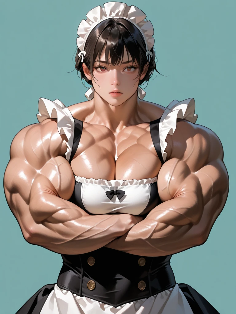8K、Masterpiece、Highest quality、Highest quality、Very detailed、High resolution、Bright lighting、One girl、Black Hair、Short Hair、Maid Costume、bodybuilder、Huge muscular body