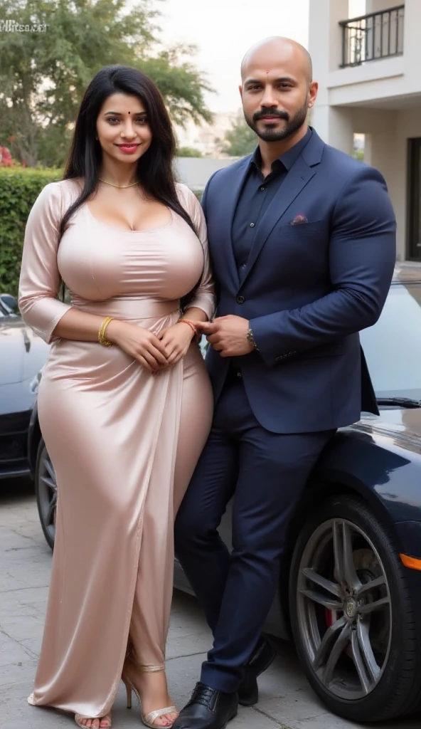 "Generate an image of a busty woman with huge breasts in a grey saree hiding in a jungle with a man in a suit