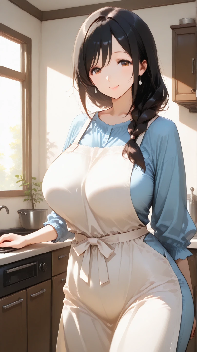 tendou_kasumi, apron_White_Steering wheel,solo apron, apron corto,Standing, only, BIG BREASTS,, Masterpiece, The best quality, detailed face, detailed eyes, Beautiful smiling woman, happy face,blush,High Resolutions,hyperrealistic face, bright Eyes, detailed eyes,japanese home kitchen,spectacular light, dust specks in the air,cook, cooking, NSFW, showing thighs,hyperrealistic eyes, extremely realistic eyes,showing back, insinuating,long hair up, wiping sweat forehead