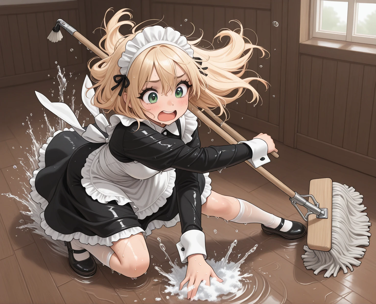 Anime, girl, cute girl, slave, maid, maid uniform, shoes, slave collar, shackles, cold, runny nose, nasal mucus, snot, snot from the nose, handkerchief, you need to sneeze, sneeze yourself, sneeze snot from your nose, desperately want sneeze, cover your nose with your right hand, urinary incontinence, peed, need to pee, pee yourself, pee, pee yourself, cry, really desperately want to pee, scat, diarrhea, crap yourself, need to poop, need to poop, poop in your panties, poop yourself, poop, sneeze, pee and pee yourself: 1.3), desire to sneeze, desire to pee, desire to poop tightly covering the perineum, knees together, feet apart: 1.6), (hand between legs, leaning forward: 1.3), (shaded face, despair, anxiety, sigh, full face flush, embarrassment, looking away: 1.5), (girl can't stand up straight: 1.5), full body, (ultra detailed face, best quality: 1.5), ( from the side), standing, living room, full height. Pee on the floor and pooped on the floor